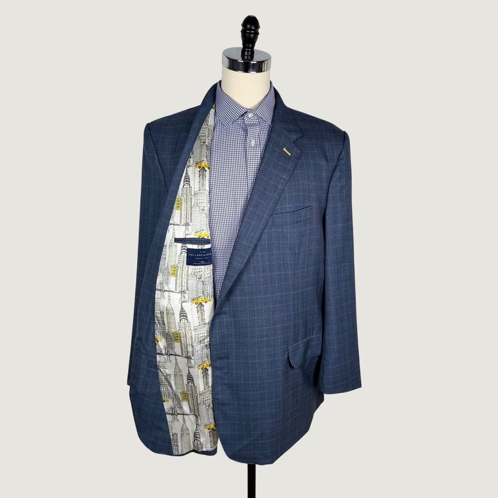 Holland & Sherry 54" Chest Super 120s Worsted Blue Plaid Sport Coat Wall Street